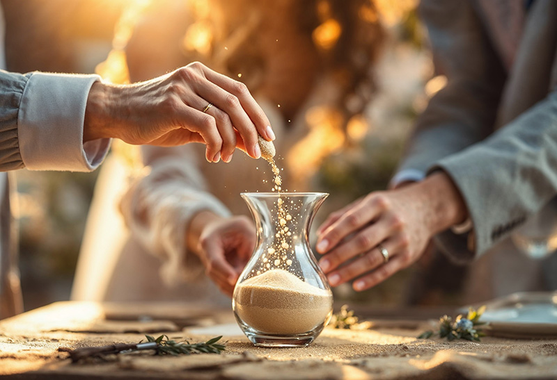 Couple pouring sand into a glass vase during a unity sand ceremony