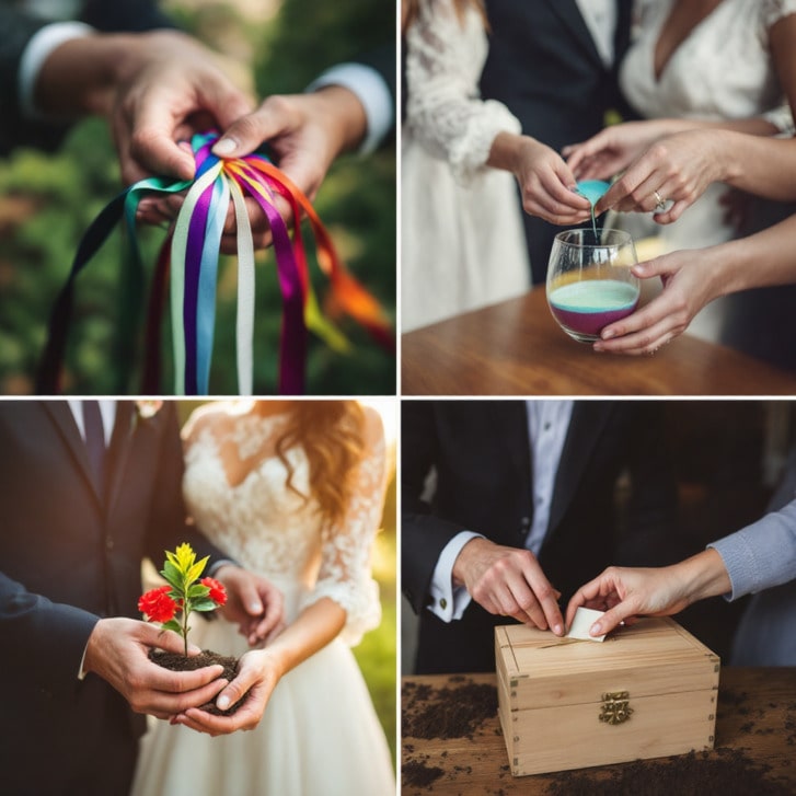 Collage of wedding rituals: ribbon handfasting, sand ceremony, flower and wine box