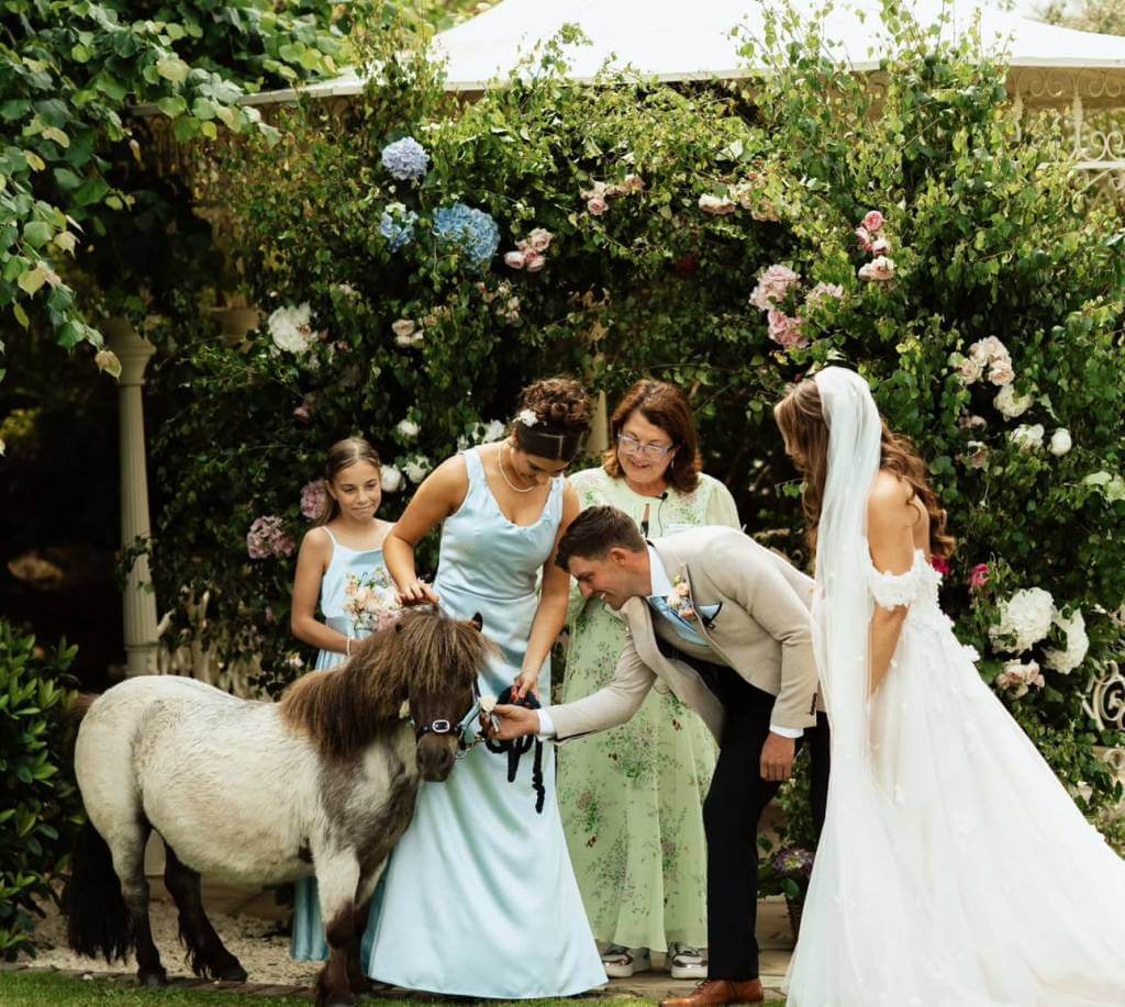 Couple welcoming a pony into their wedding ceremony