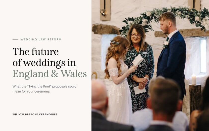 Jane Jones leading a celebrant-led wedding ceremony, with the title Wedding law reform: the future of weddings in England and Wales
