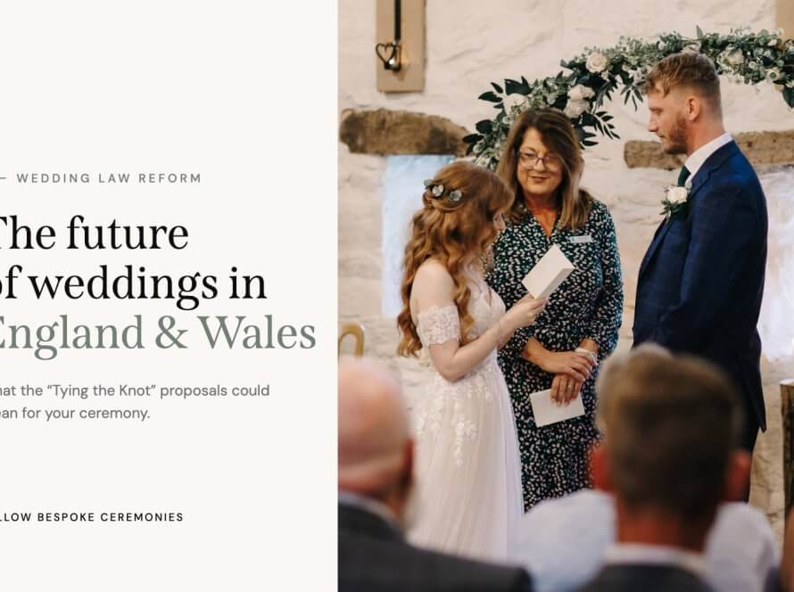 Jane Jones leading a celebrant-led wedding ceremony, with the title Wedding law reform: the future of weddings in England and Wales