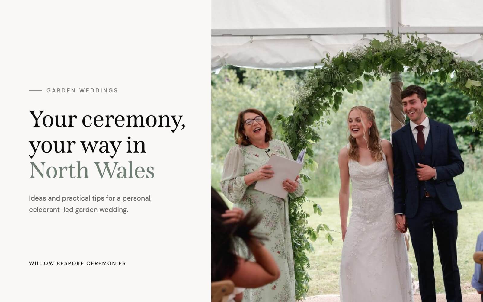 Celebrant Jane Jones laughing with a bride and groom under a greenery arch, with the title Garden weddings: your ceremony, your way in North Wales